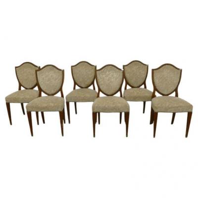 6 Art Deco Walnut Chairs, Brass Clogs