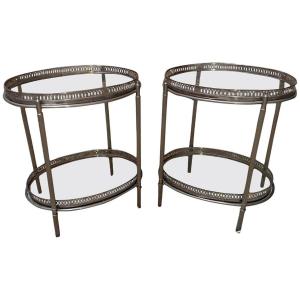 Maison Baguès Pair Of Ends Of Sofa Or Side Tables In Silver Metal And Glass Circa 1960