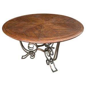 Jean-charles Moreux (1889-1956) Large Art Deco Pedestal Table In Wrought Iron And Oak Circa 1930
