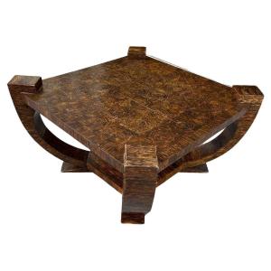 Michel Dufet (1888-1985) Large Art Deco Pedestal Table In Palm Tree Veneer Circa 1930