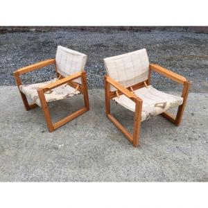 Armchairs In Fir, Canvas And Leather Circa 1970