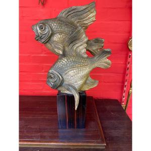 Art Deco Sculpture, 2 Terracotta Fish, Macassar Base, Signed, Cira 1930
