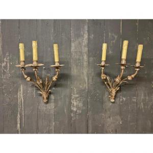 3 Neo Classic Wrought Iron Sconces, Circa 1940
