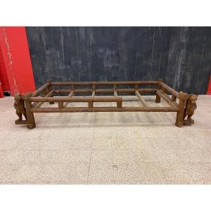 A Bed Or Day-bed In Carved Wood With Bear Decor In The Style Of The Black Forest,