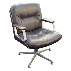 Ico Parisi (in The Style Of) Office Armchair In Leather And Cast Aluminum, Circa 1970