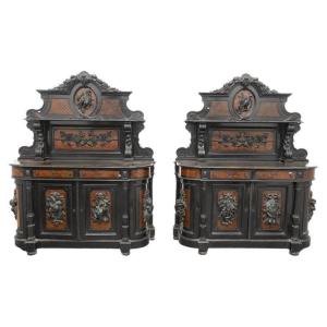 Pair Of Two Buffets / Sideboards Napoleon III In Blackened Wood And Amboyna Burl