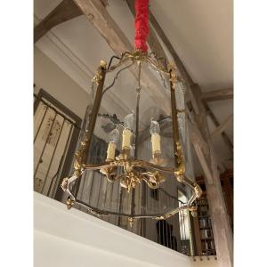 Important Vestibule Lantern In Gilt Bronze And Double-curved Glass