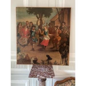 Large Oil On Canvas: Flemish School Of The 19th Century: “village Dance Scene”