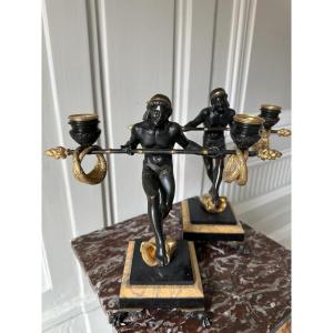 Pair Of Nubian Candelabras In Patinated And Gilded Bronze 