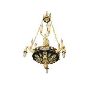 Beautiful Empire Chandelier With Caryatids In Gilded Bronze And Patinated Sheet Metal