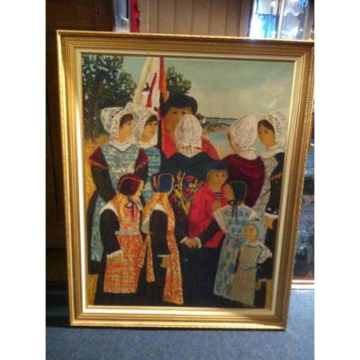 Large Painting: "young Bretonnes" (oil On Canvas)