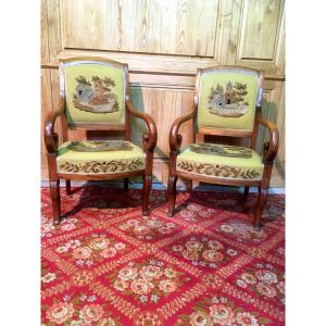 Pair Of Natural Wood Lacrosse Armchairs, Small Dots Tapestry