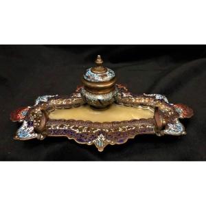 Inkwell In Bronze And Onyx And Cloisonné Enamels, XIXth