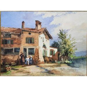 Louis Jean Jacottet (1843-1906) - Watercolor On Paper - Country Scene In The Village