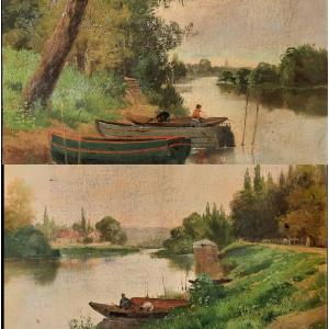 Pair Of Oil Paintings On Canvas - Landscape (19th Century)