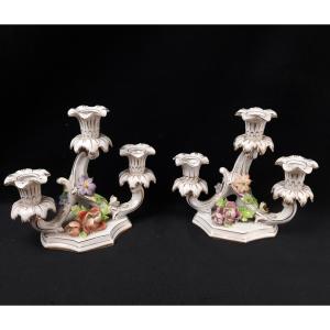 Pair Of Porcelain Candlesticks - Saxony Dresden (20th Century)