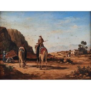 Oil On Wood - Landscape In The Desert (20th Century)