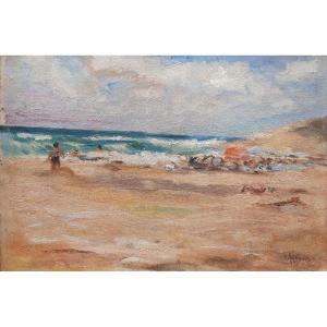 Oil On Canvas - Lively Seaside (20th Century)