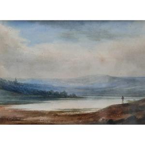 Watercolor On Paper - Landscape Of A Lake And A Mountain (19th Century)