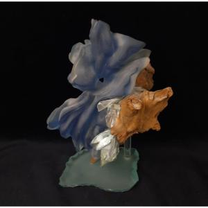 Yves Trucchi - Glass And Wood Sculpture (20th Century)