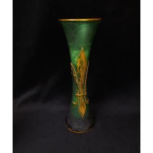  Daum De Nancy - Green Glass Vase With Gold Decoration - Art Nouveau (1900)