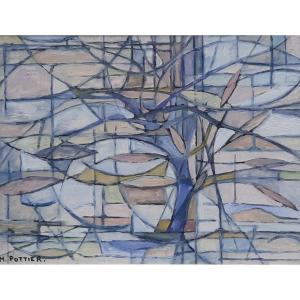 Oil On Paper - Composition - M. Pottier (20th Century)