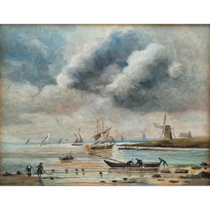Oil On Wood - Dutch Landscape - 19th Century