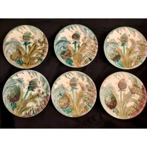 Lunéville - 6 Barbotine Plates Decorated With Asparagus & Artichokes – 20th Century