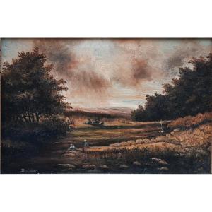 Oil On Panel - Lively Landscape At Dusk - Signed Bridier (19th Century)