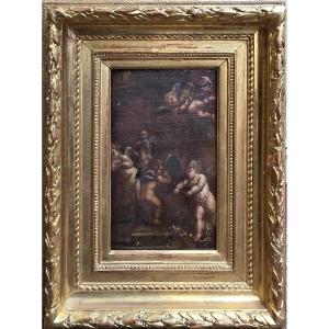 Oil On Canvas Mounted On Wood - Allegory Of Putti (19th Century)