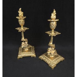Pair Of Gilt Bronze Dolphin Candlesticks (19th Century)
