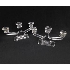 Pair Of Crystal Candlesticks From Val Saint Lambert (20th Century)