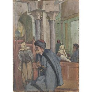 Maurice Bismouth (1891-1965) - Oil On Wood - Figures At The Synagogue Of Tunis