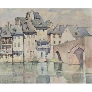 Watercolor On Paper - The Old Bridge And The Quays Of Espalion (aveyron)