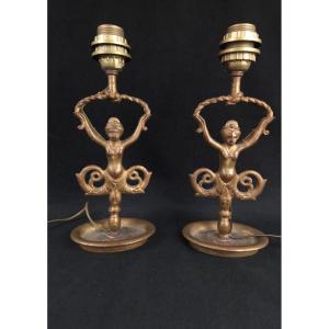 Pair Of Gilt Bronze Mermaid Lamp Bases (20th Century)