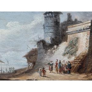 Oil On Wood - Seaside With Fortified Tower - 19th Century