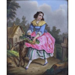 Painting On Porcelain - Pastoral Scene With A Young Girl - 19th Century