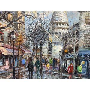 José Luis Leiva (1935) - Oil On Canvas - Rue Norvins In Montmartre