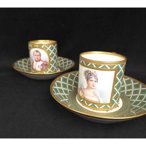 Pair Of Porcelain Cups And Saucers - Napoleon I And Josephine (19th Century)