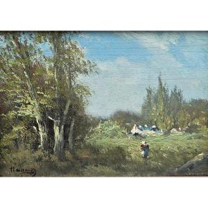 Oil On Panel - Animated Country Landscape - 20th Century