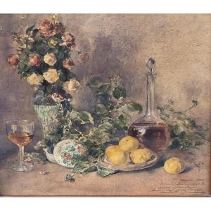 Léon Mondan (1852-1913) - Watercolor - Still Life With Lemons And Roses