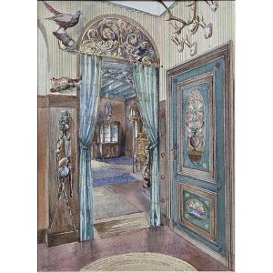 Watercolor - Interior View - G. Poppinga (20th Century)