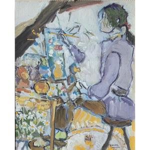 Geneviève Lucas - Gouache - The Artist At Her Easel (20th Century)
