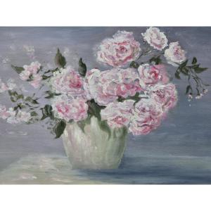 Oil On Panel - Bouquet De Rose (20th Century)