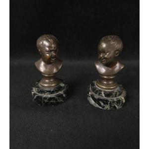Pair Of Bronze Busts - Jean Qui Rit Et Jean Qui Pleure - After Pigalle (19th Century)