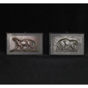 Antoine-louis Barye (1795-1875) - Pair Of Bronze Plaques On Marble