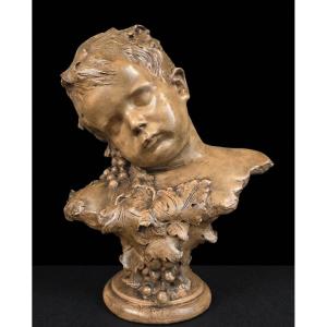 Bust Of Bacchus Asleep In Terracotta - Friedrich Goldscheider (vienna - 19th Century)