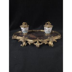 Louis XV Style Inkwell In Chinese Lacquer And Bronze - 19th Century