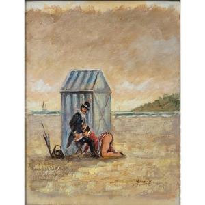 Paulette Bardy (1914-1966) - Oil On Panel - Intimate Scene On The Beach At Cabourg
