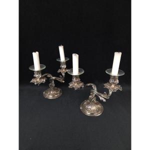 Christofle - Pair Of Two-armed Rocaille-style Candlesticks In Silver-plated Metal (20th Century)